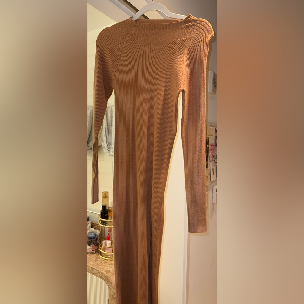 Wilfred Camel Ribbed Knit Turtleneck Maxi Dress